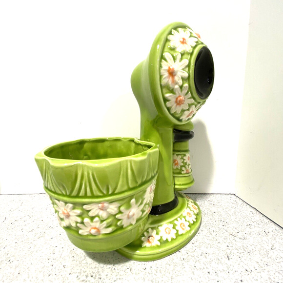 Vintage 1970 ceramic flower pot planter vase green white daisy candlestick phone - Picture 2 of 10